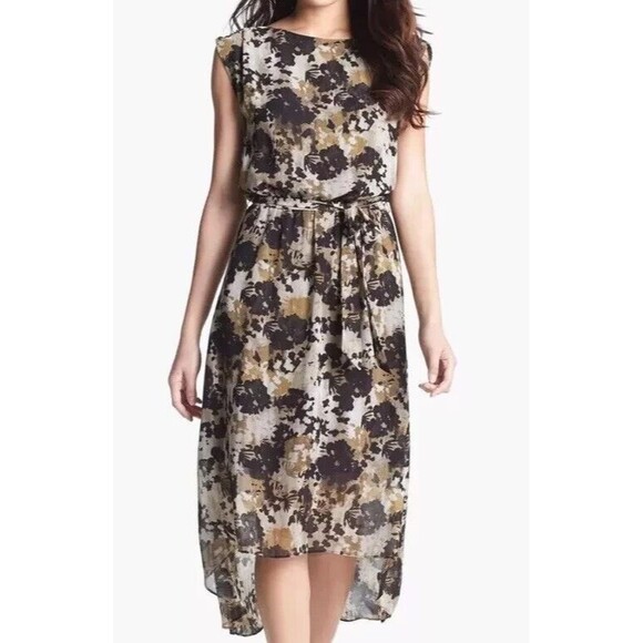 Vince Camuto Earth Print Brown Hi Lo Chiffon Cap Sleeves Lined Maxi Dress Sz M - Picture 1 of 12